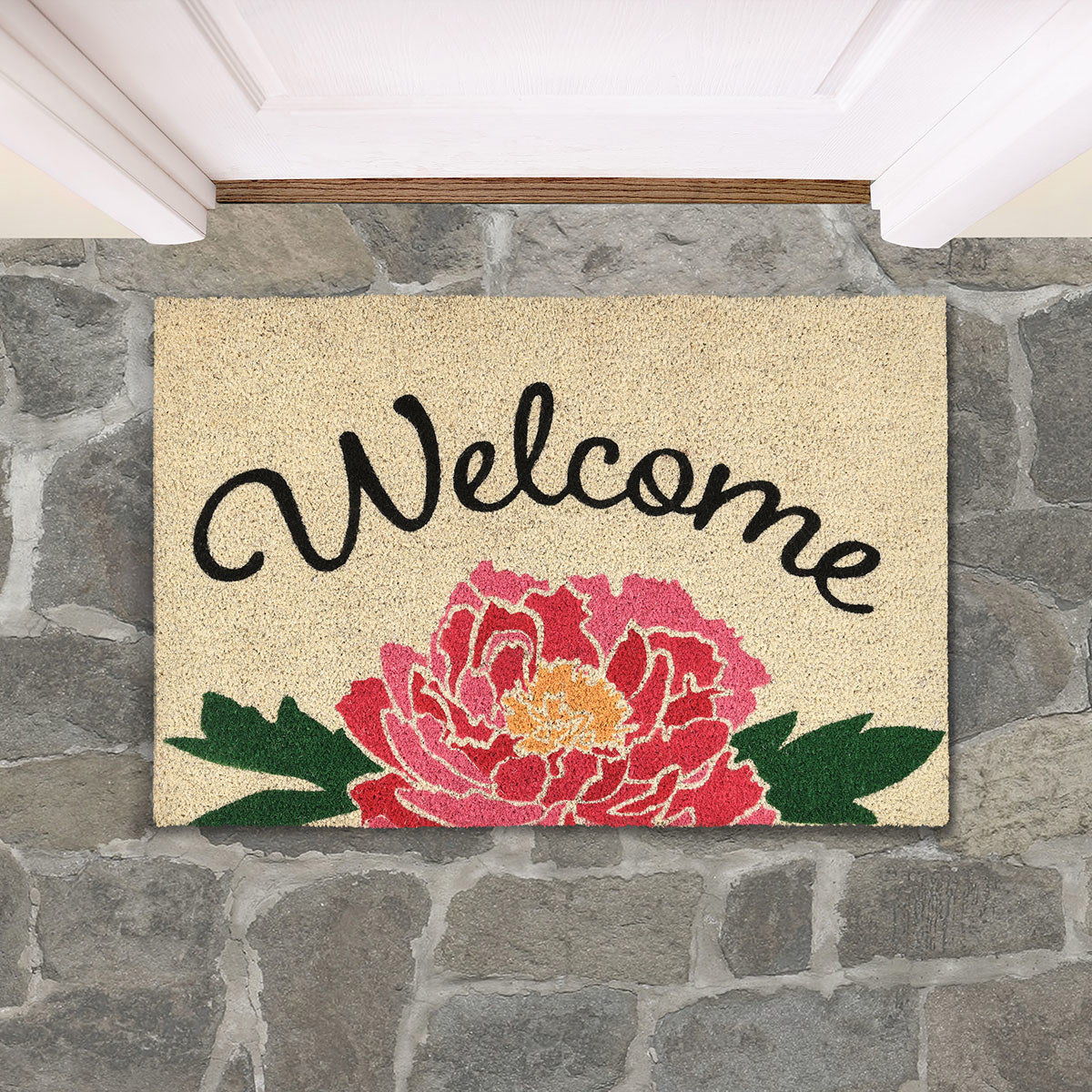 Beige peony doormat with 'Welcome' lettering and pink flower design