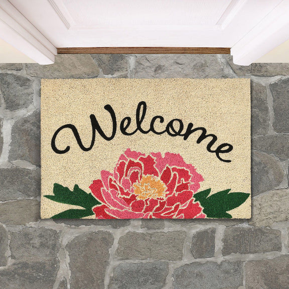 Beige peony doormat with 'Welcome' lettering and pink flower design