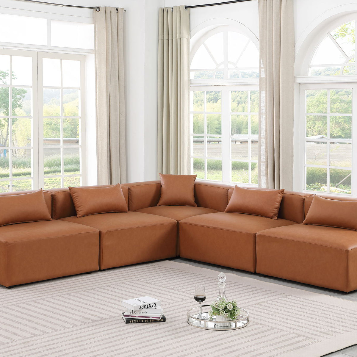Cube - 5 Piece Modular Corner Armless Sectional - Cognac