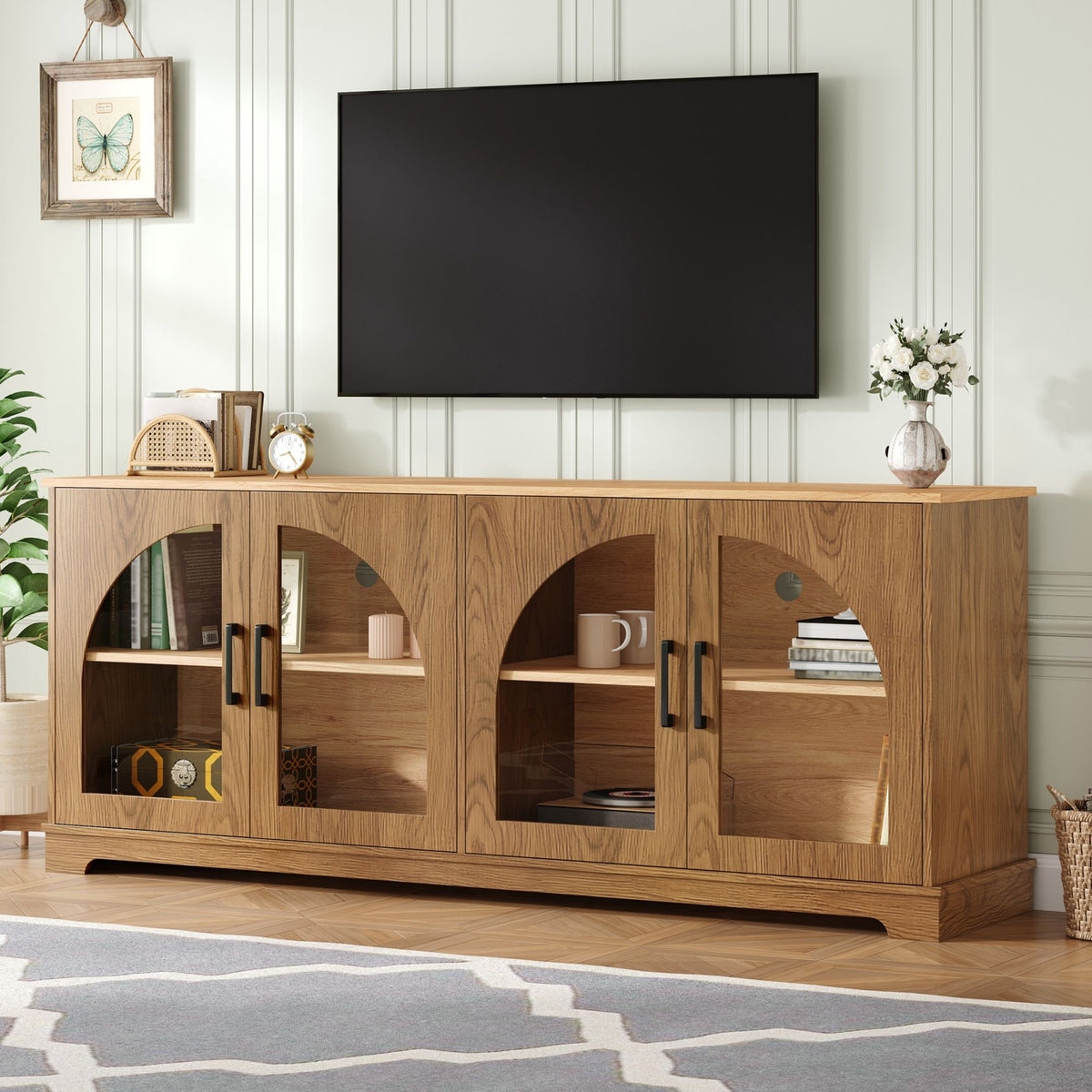 TV Stand With Semi Arched Glass Doors, Media Console With Adjustable Shelves For Living Room - Brown