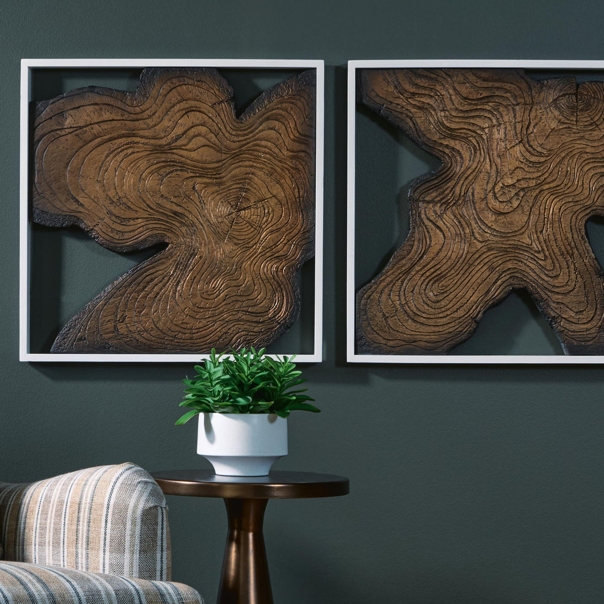 Wall decor set of 2 framed abstract wood plaques in brown with swirl carving