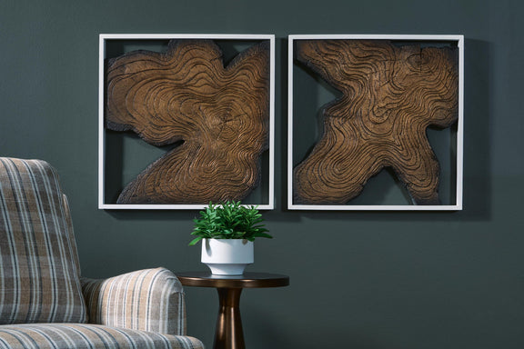 Wall decor set of 2 framed abstract wood plaques in brown with swirl carving