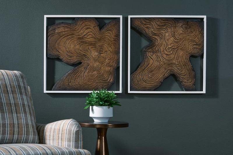 Wall decor set of 2 framed abstract wood plaques in brown with swirl carving