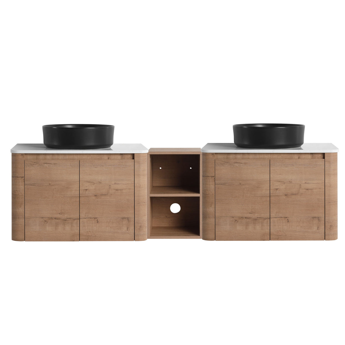 Wall-mounted bathroom vanity with two black vessel sinks and open center shelf, wood cabinet