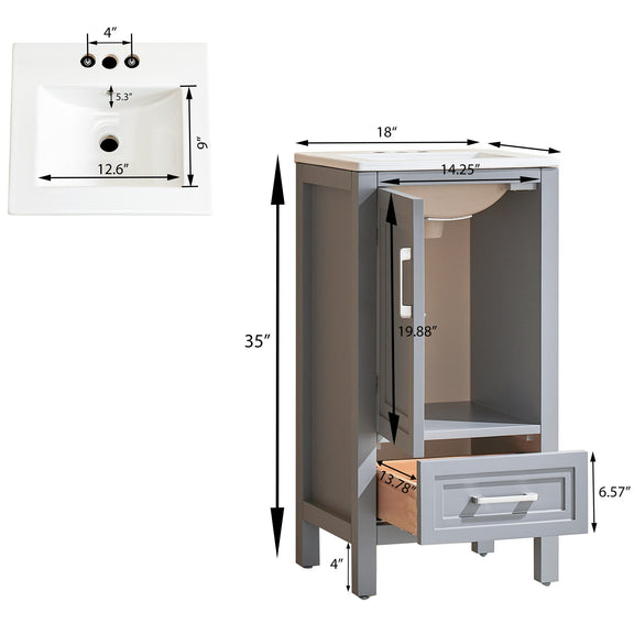 Gray bathroom vanity with ceramic sink, open cabinet, and extended drawer; dimensions shown