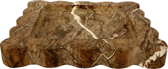 Light brown marble tray with raised border and white-vein accents