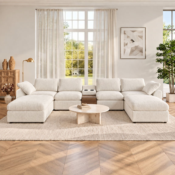 White modular sectional sofa with storage console and corner chaise sections