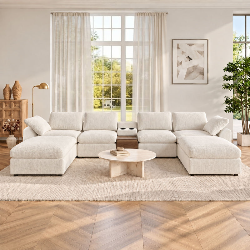 White modular sectional sofa with storage console and corner chaise sections