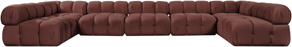 Dark red modular U-shaped sectional sofa with tufted cushions and curved chaise sections