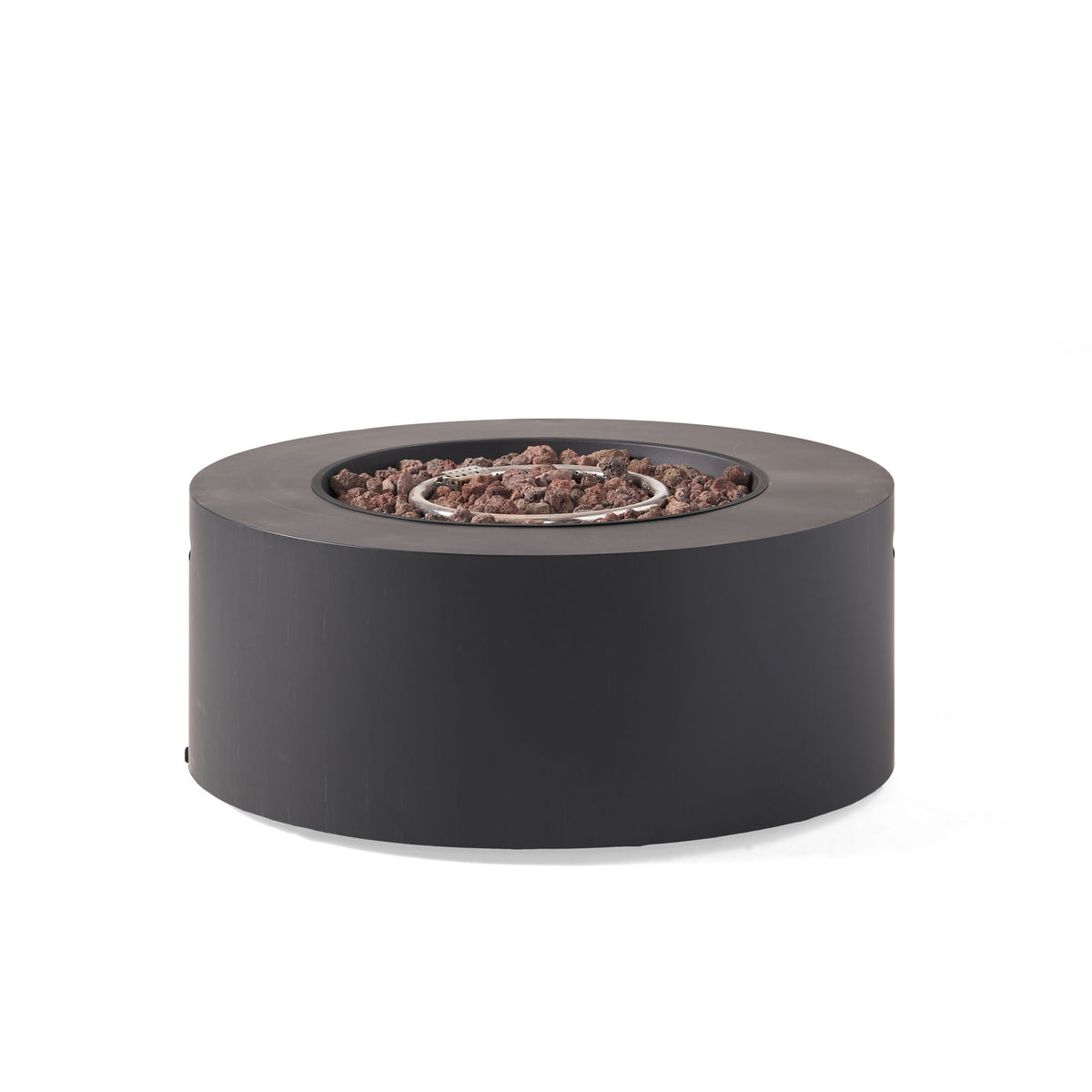 Dark gray round fire pit with lit burner ring and pebble-filled fire bowl