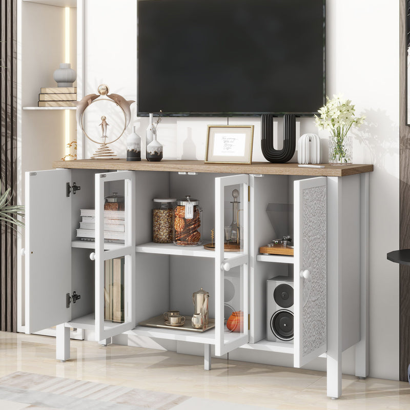 Retro TV Stand For TVs Up To 43", Entertainment Center Media Console Cabinet With 3 Spacious Cabinets, Glass Cabinet Doors And Anti-Tip Device For Living Room - White