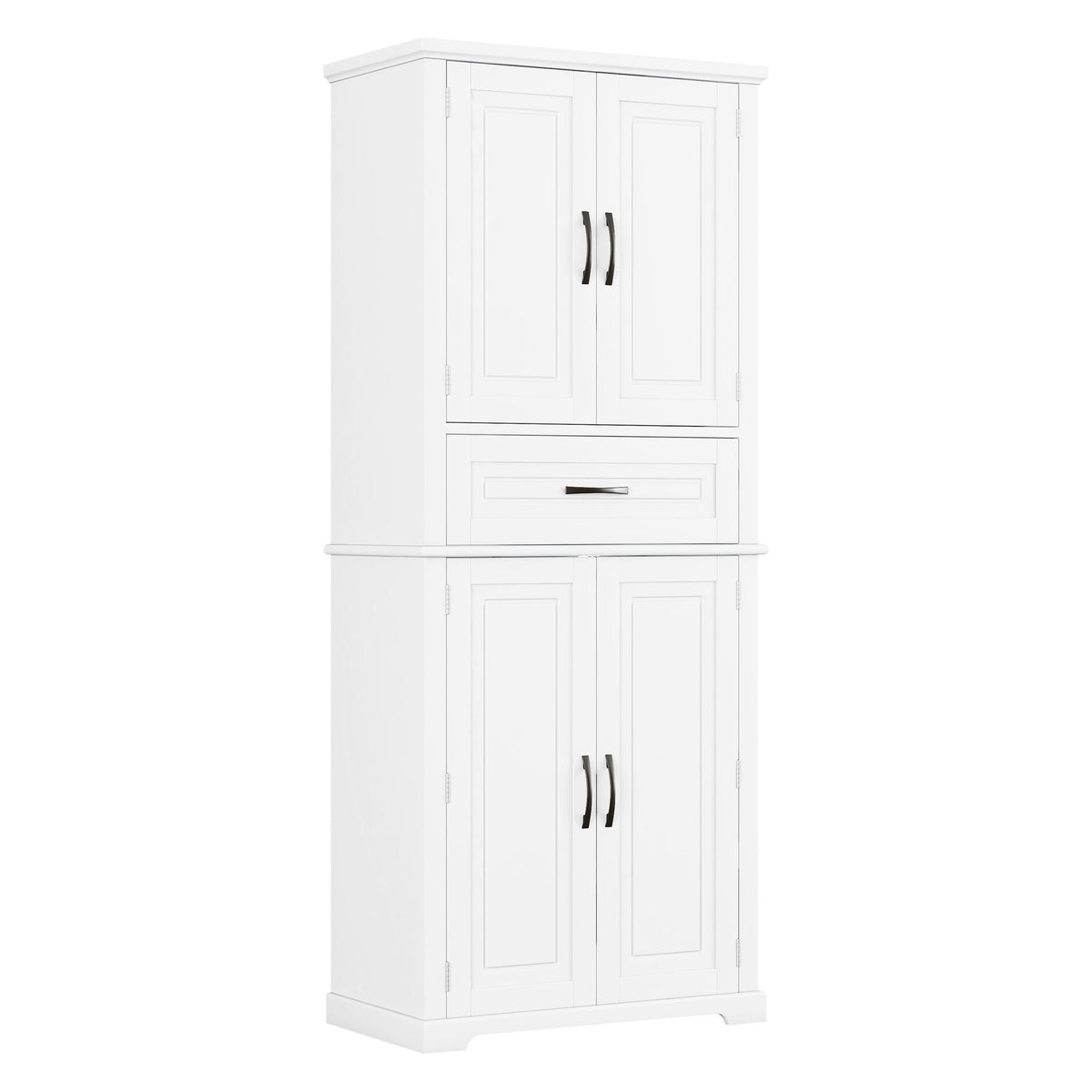White bathroom storage cabinet with two upper doors, drawer, and two lower doors