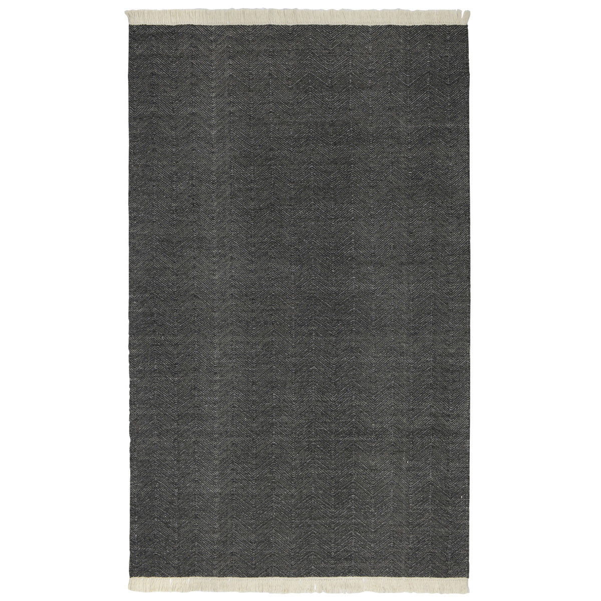 Augusta indoor/outdoor rug in charcoal dark gray with subtle chevron pattern and fringe