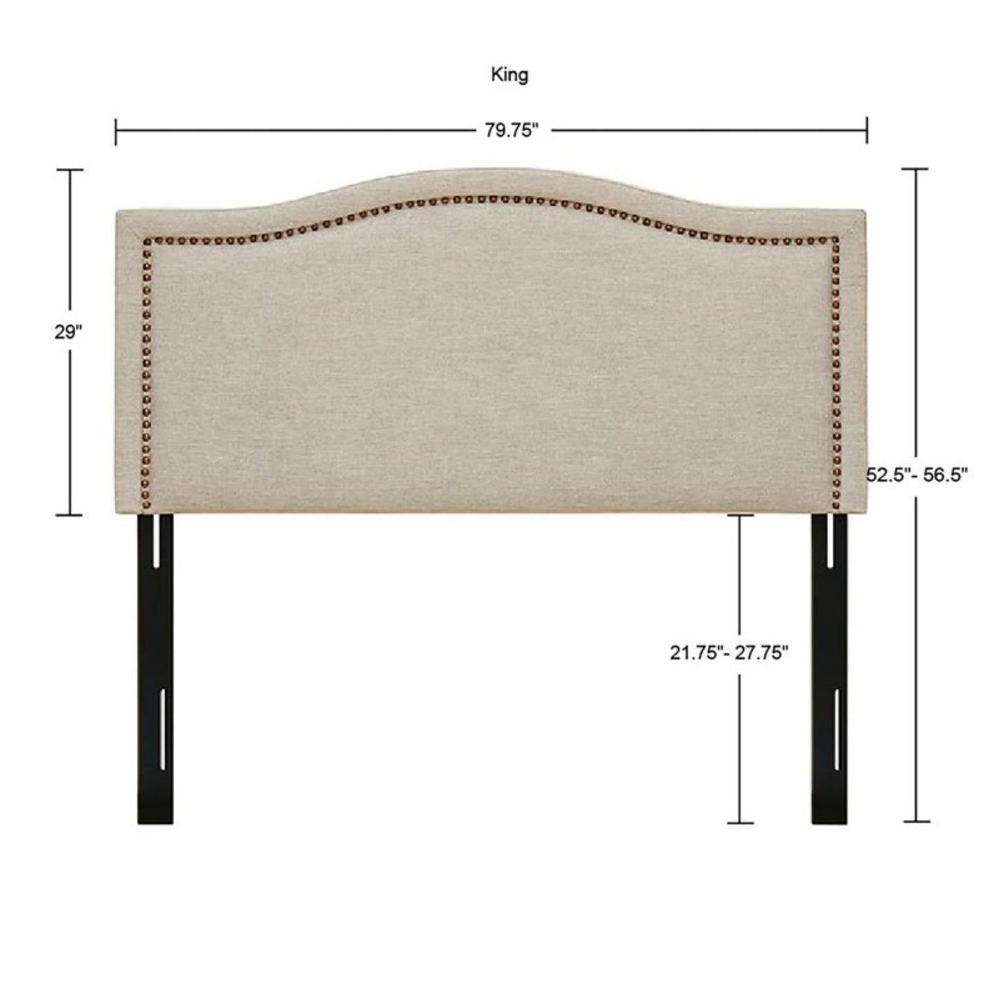 Upholstered Panel Headboard With Copper Nailheads And Adjustable Metal Legs