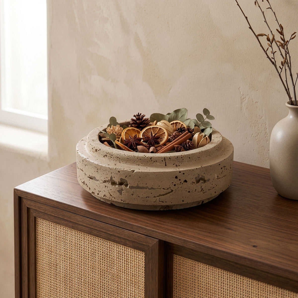 Beige travertine bowl holding dried botanicals in a shallow round basin