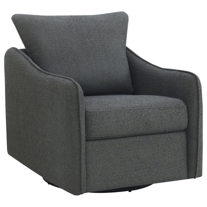 Dark gray upholstered swivel chair with tall back and wide armrests