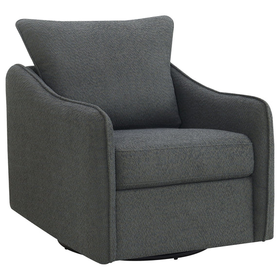 Dark gray upholstered swivel chair with tall back and wide armrests