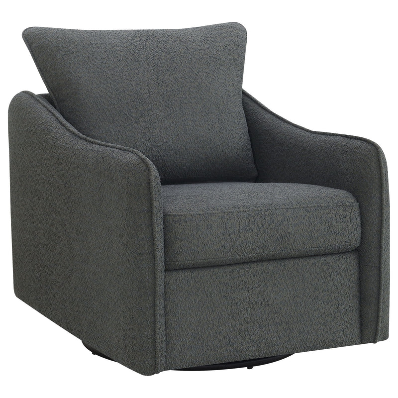 Dark gray upholstered swivel chair with tall back and wide armrests