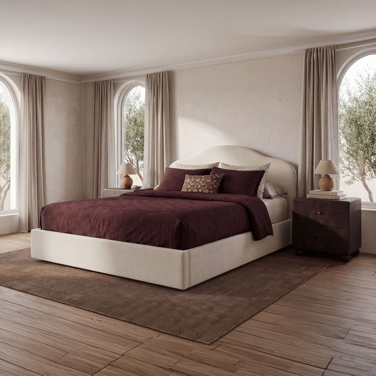 Cream queen storage bed with arched headboard and upholstered platform base
