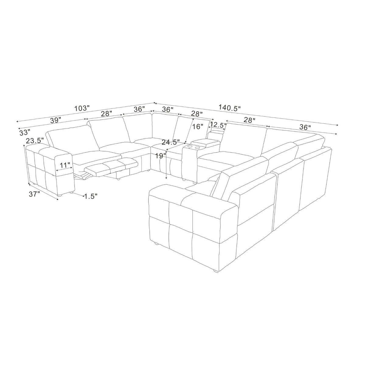 Upholstered Large Arms Sectional With Recliner Seats