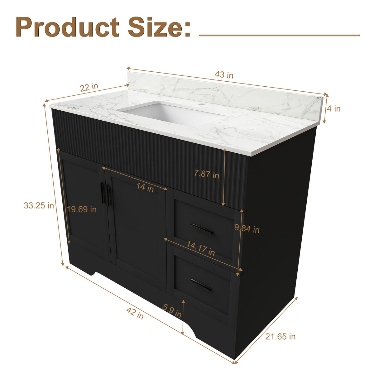 Black bathroom vanity dimensions diagram with fluted cabinet and built-in sink