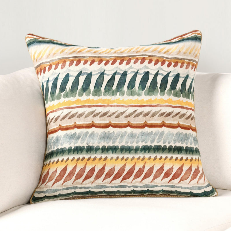 Multicolor striped throw pillow with teal and orange bands on cream background, piped corners