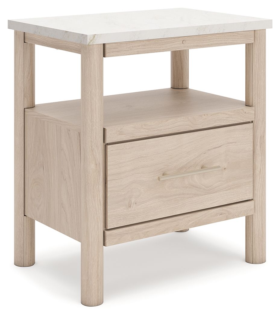 Two-tone nightstand with stone-look top, open shelf, and single drawer with bar pull.