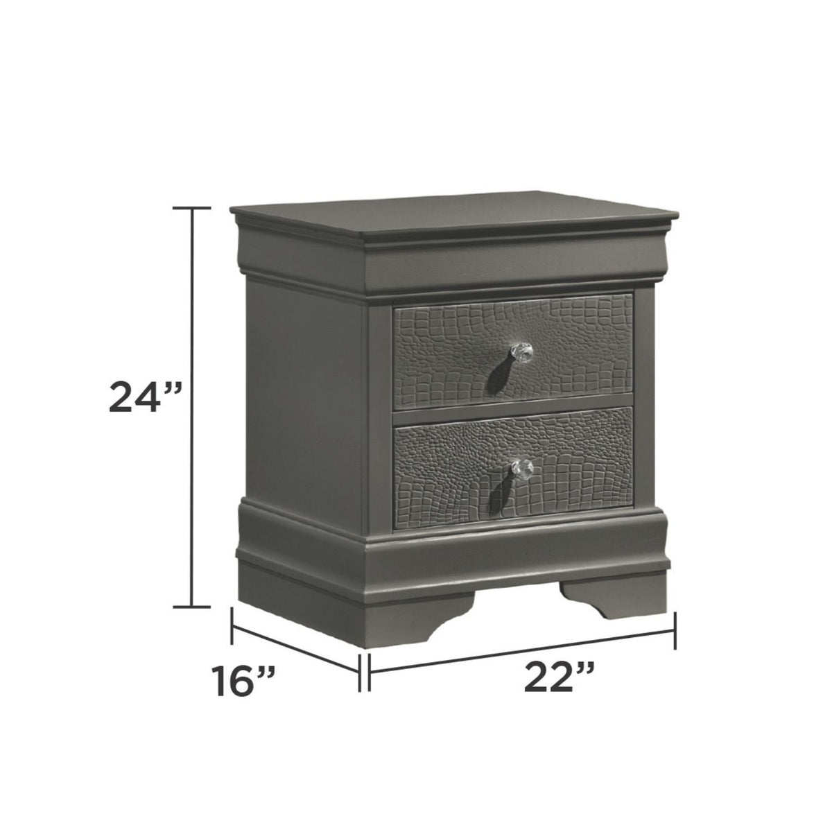 Dark gray 2-drawer nightstand, 24"H x 22"W x 16"D, textured drawer fronts