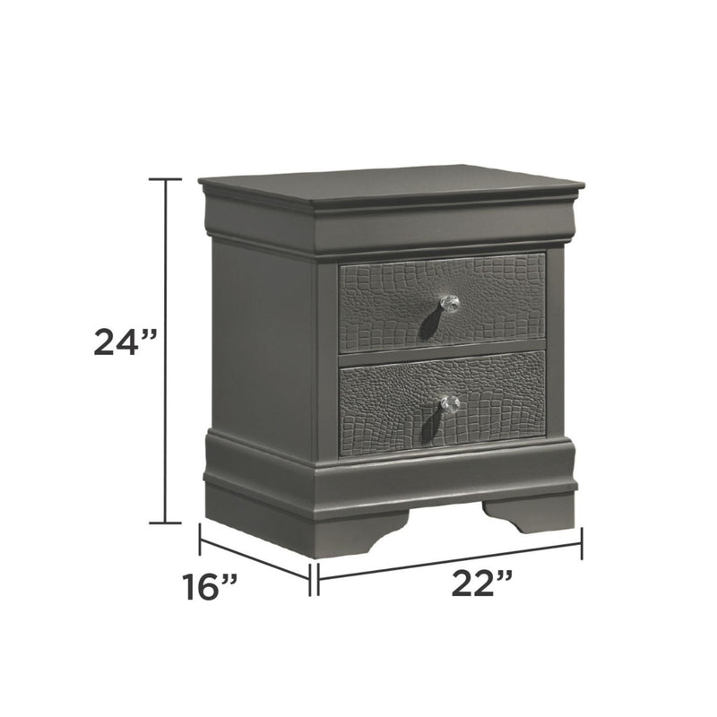 Dark gray 2-drawer nightstand, 24"H x 22"W x 16"D, textured drawer fronts