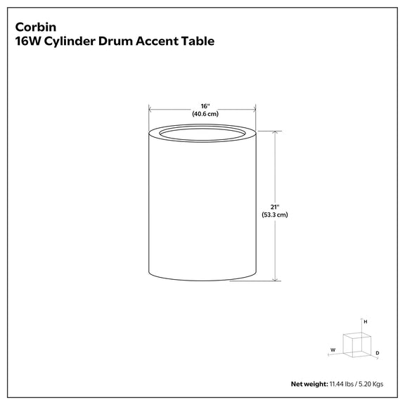 Corbin 16" hammered metal cylinder side table dimension diagram