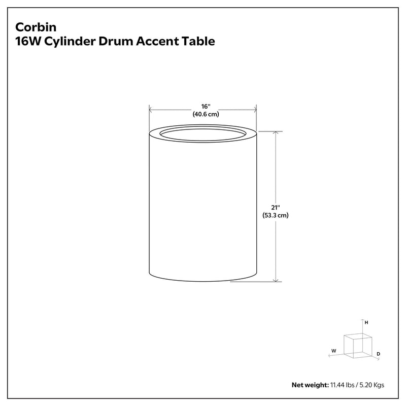 Corbin 16" hammered metal cylinder side table dimension diagram