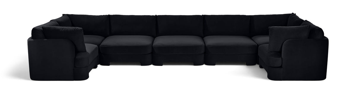 Black velvet U-shaped sectional sofa, 7-piece set with ottoman blocks