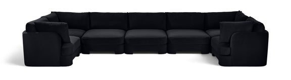 Black velvet U-shaped sectional sofa, 7-piece set with ottoman blocks