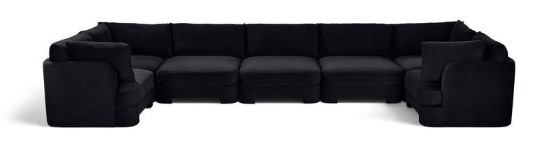 Black velvet U-shaped sectional sofa, 7-piece set with ottoman blocks