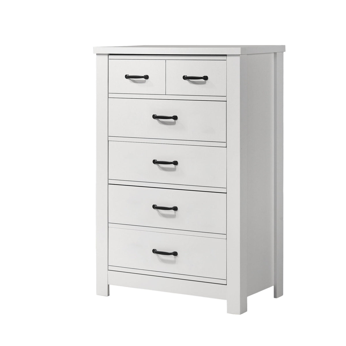 White 5-drawer chest front view with five horizontal lines and black bar handles