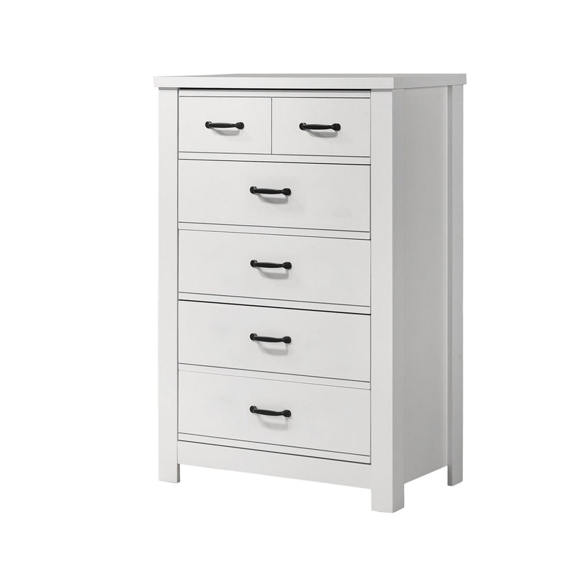 White 5-drawer chest front view with five horizontal lines and black bar handles