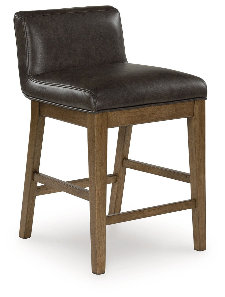 Two-tone brown upholstered barstool with dark cushioned seat and cross-brace legs
