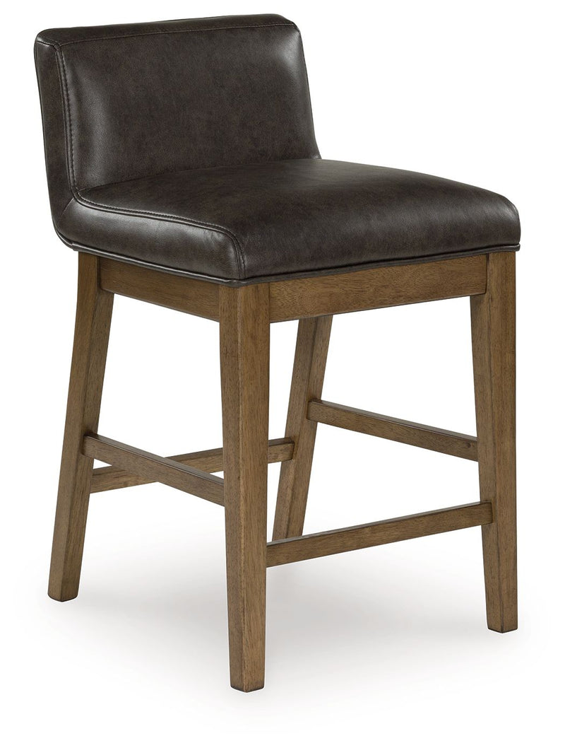 Two-tone brown upholstered barstool with dark cushioned seat and cross-brace legs