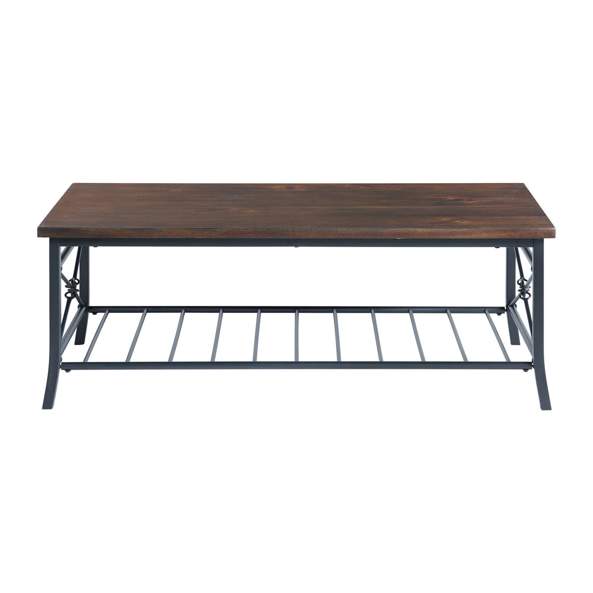 Brown wood rectangular table with dark metal legs and underside slatted shelf