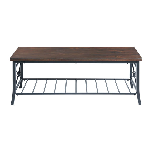 Brown wood rectangular table with dark metal legs and underside slatted shelf