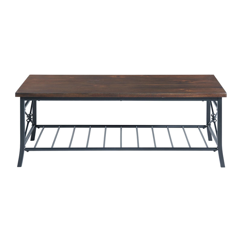 Brown wood rectangular table with dark metal legs and underside slatted shelf