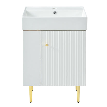 White bathroom vanity cabinet with white ceramic sink, vertical rib door panels, gold legs