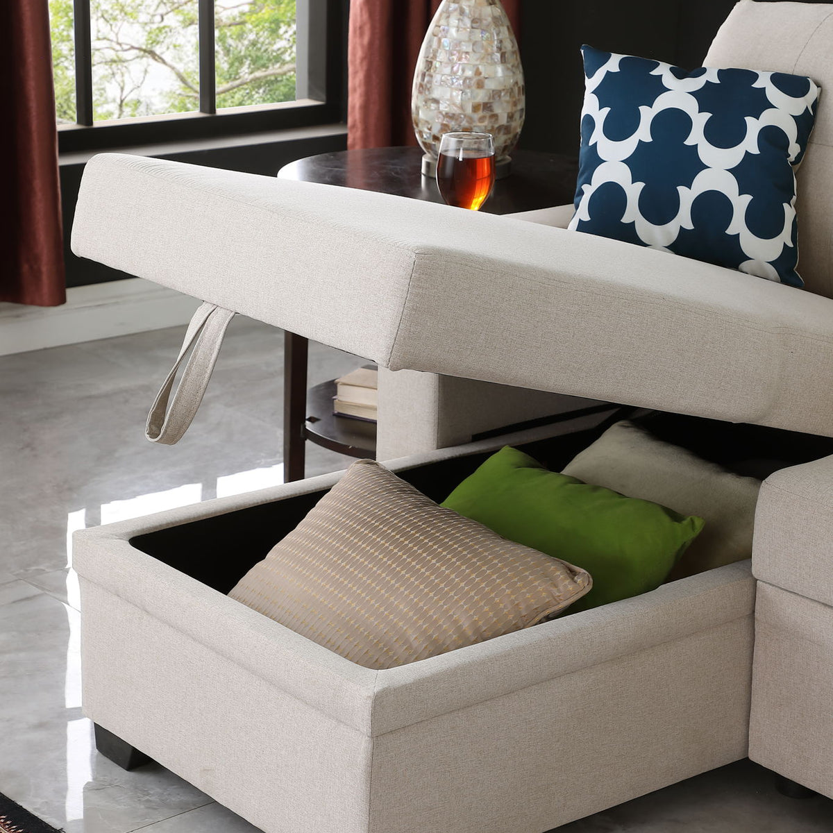 82" Width Sectional With Storage Chaise And Cupholder Armrest