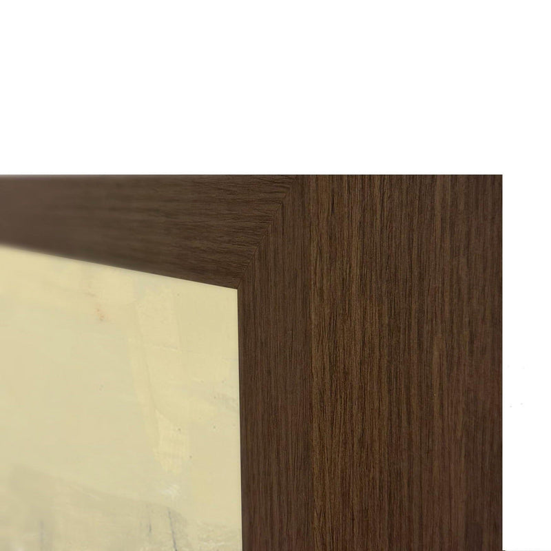 Wood frame corner of beige abstract painting with visible dark brown wood grain