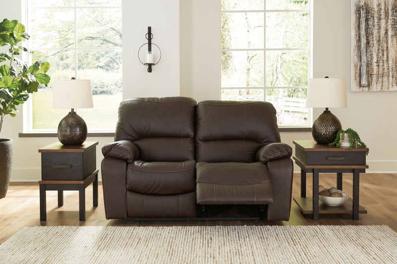 Brown power reclining loveseat with two seat cushions and wide track arms