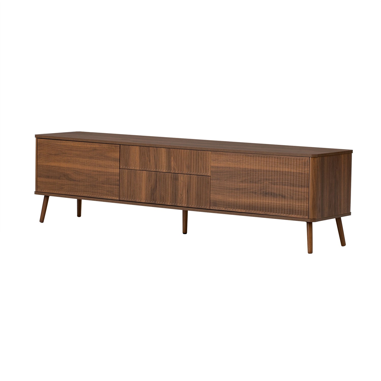 Fluted TV Stand With Storage Drawers And Cabinets For TVs Up To 80", Soft-Close Hinges, Cable Management - Walnut