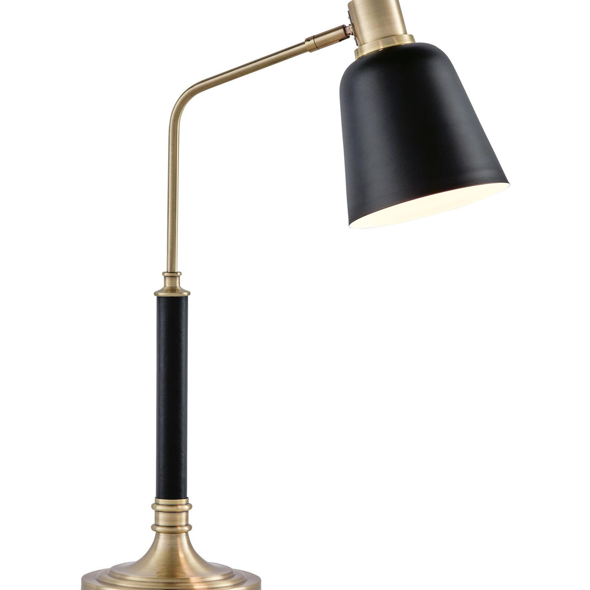 Metal lamp with black cone shade and brass-finish curved arm, round base