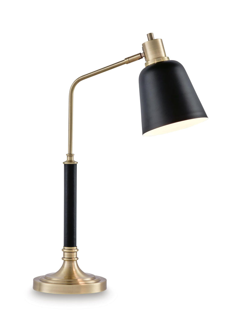 Metal lamp with black cone shade and brass-finish curved arm, round base