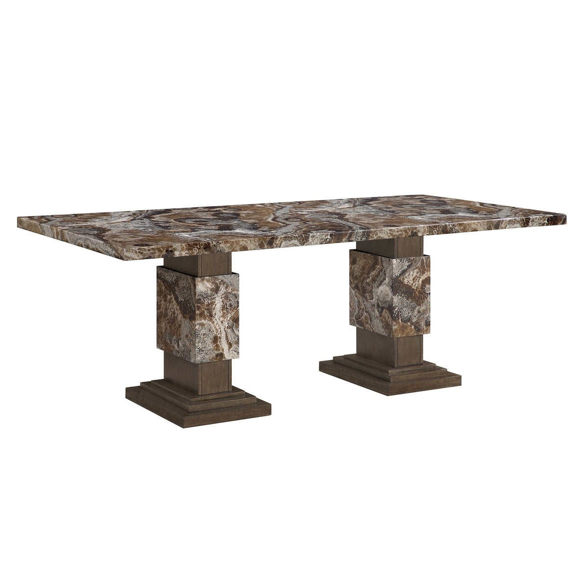 Dining table with marble-look rectangular top and two dark pedestal bases