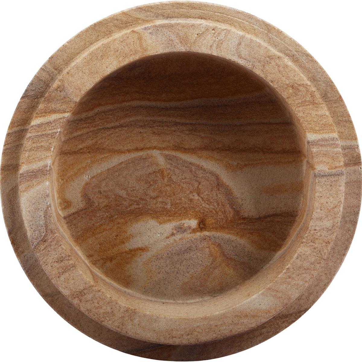 Light brown sandstone bowl interior with smooth basin and swirled stone patterns.